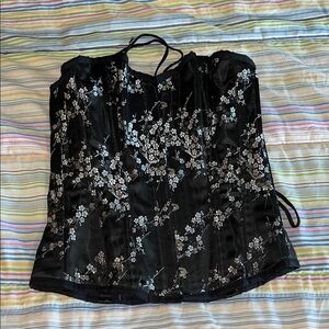 Floral Black Satin Boned‎ Corset 26